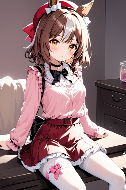  1girl, solo,Yellow eyes, brown hair, medium hair, （horse ears, Horse Tail）, red hat, hair ornament, 
masterpiece, best quality, looking at viewer, bangs, skirt, shirt,long sleeves, bow, ribbon, sitting, monochrome, hair bow, heart, pantyhose, frills, food, no shoes, choker, blunt bangs, black skirt, symbol-shaped pupils, heart-shaped pupils, stuffed toy, pink background, stuffed animal, frilled skirt, pink bow, fishnets, candy, bandaid, pink shirt, teddy bear, lollipop, pink theme, jirai kei, lam style, colorful hair, hiqcgbody, masterpiece, best quality, holographic, holographic ccozy anime, moyou, AGM, soft, WhitePantyhose, , white pantyhose, girl, nai3, loli,matikane_tannhauser_(umamusume)