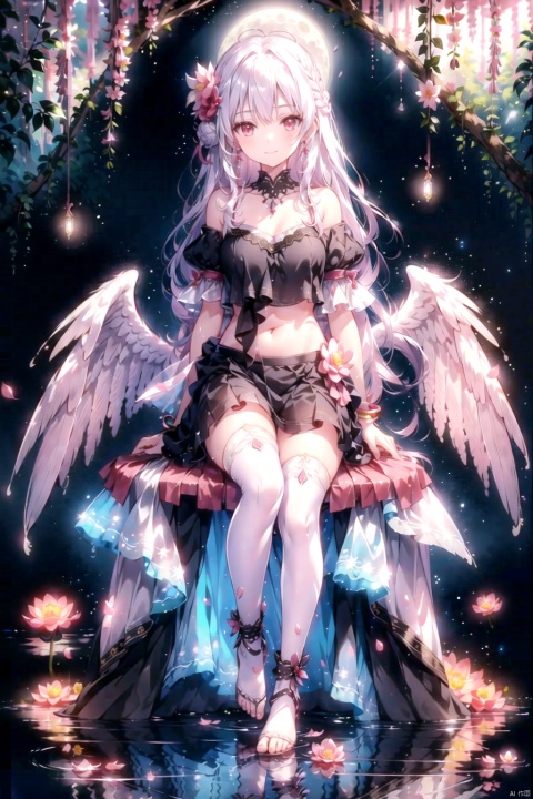 1girl, solo, long hair, looking at viewer, smile, bangs, red eyes, dress, bare shoulders, jewelry, sitting, very long hair, closed mouth,full body, flower, earrings, outdoors, sky,  water, off shoulder, hair bun, white dress, bracelet, feet, tree, petals, night, bird, moon,  night sky, full moon, pink flower, anklet, branch, absurdly long hair, soaking feet, lotus,thighhighs, navel, flower, white hair, wings, hair flower, feet, white thighhighs, wet, see-through, toes,  no shoes, leg up, from below, wet clothes,