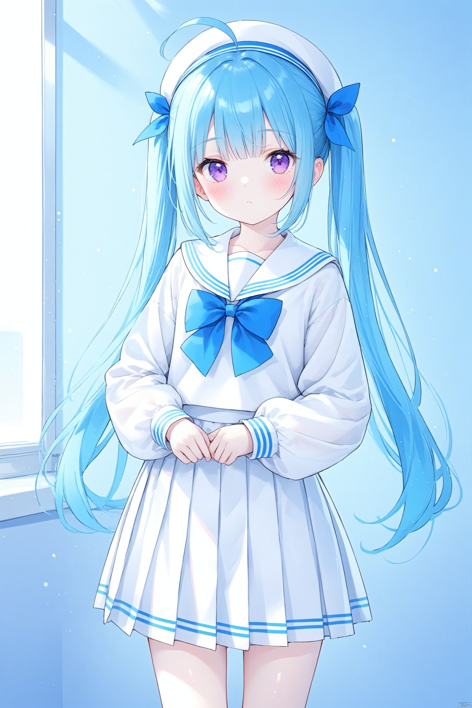 1girl, solo, long hair, looking at viewer, blush, bangs, skirt, shirt, long sleeves,   bow,  twintails,closed mouth, school uniform, blue hair, standing, purple eyes, white shirt, ahoge, pleated skirt, puffy sleeves, bowtie, sailor collar, white headwear, blue bow, white skirt, puffy long sleeves, white sailor collar, blue bowtie,loli,
