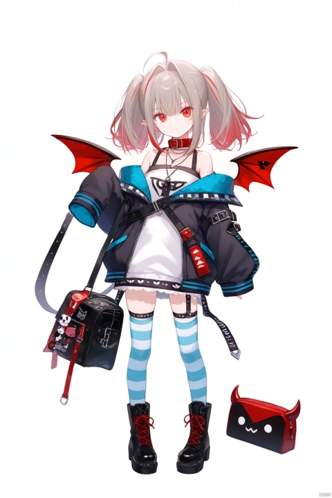 1girl, solo, looking at viewer, bangs, simple background, red eyes, thighhighs, long sleeves, white background, hair between eyes, bare shoulders, twintails, jewelry, standing, jacket, full body, ahoge, grey hair, red hair, multicolored hair, boots, wings, striped, virtual youtuber, necklace, off shoulder, bag, black footwear, collar, sleeves past wrists, blood, striped thighhighs, sleeves past fingers, demon wings, shoulder bag, red collar, red wings, off-shoulder jacket, makaino ririmu