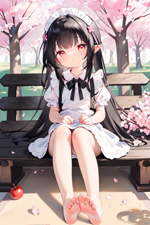  best shadow,movie tonal, cinematic lighting,light rays,1girl,solo,{{delicate face}},long_hair,dress,palette_(object),barefoot,sitting,white_dress,maid_headdress,puffy_short_sleeves,apron,maid,bangs,black_ribbon,closed_mouth,one hand on chin,full_body,easel,day,Pink_flower,flowers,Cherry blossom,Cherry tree.,holding,painting_(action),outdoors,canvas_(object),paintbrush,Cherry blossom petals,The cherry blossoms are falling,painting_(object),best quality,amazing quality,very aesthetic,absurdres,sema, loli,