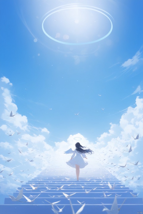 1girl, solo,angel, long hair, black hair, long sleeves, dress, standing, outdoors, sky, barefoot, day, white dress, blue sky, scenery, blue theme,White  stairs, wide shot,floating White Thousand Paper Crane,detailed background,Many thousand paper cranes,Standing on the steps and looking up at the sky,Aestheticism Painting,intricate detail,Angel wings, halo,