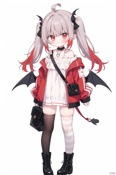 1girl, solo, looking at viewer, bangs, simple background, red eyes, thighhighs, long sleeves, white background, hair between eyes, bare shoulders, twintails, jewelry, standing, jacket, full body, ahoge, grey hair, red hair, multicolored hair, boots, wings, striped, virtual youtuber, necklace, off shoulder, bag, black footwear, collar, sleeves past wrists, blood, striped thighhighs, sleeves past fingers, demon wings, shoulder bag, red collar, red wings, off-shoulder jacket, makaino ririmu,loli, , loli