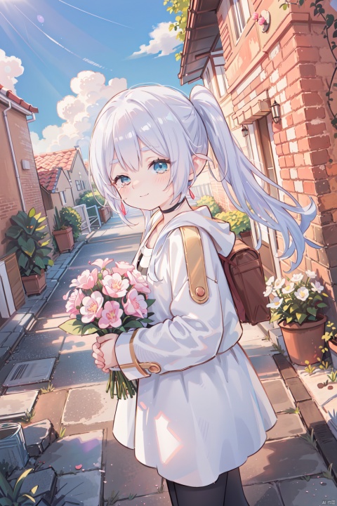 sunlight tone,clear sky,1woman,woman focus,close-up,side face,white cloth,hooded,Dutch angle,looking at viewer,holding bouquet,side face,girl focus,from above,standing,Head Tilt,wind,sad smile,tears,floating tears,sunlight,wind,Building ruins,Reinforcement, crushed stone,brick and tile,Beautiful scenery, cuteloli, loli, ((Eyes slightly open, RAW file format, master-level illustration work, 32k ultra-high-definition wallpaper, best CG. Gorgeous Sense. Dynamic sense. Vivid sense)), twintails, , fll