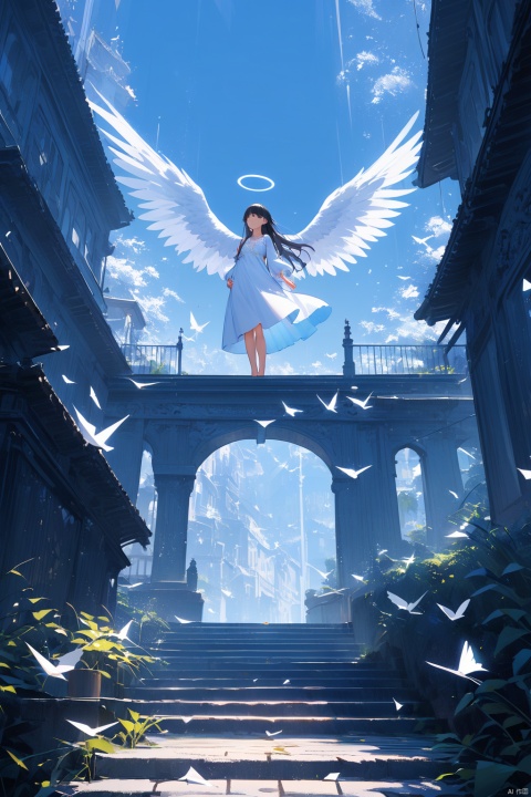 1girl, solo,angel, long hair, black hair, long sleeves, dress, standing, outdoors, sky, barefoot, day, white dress, blue sky, scenery, blue theme,White stairs, wide shot,floating White Thousand Paper Crane,detailed background,Many thousand paper cranes,Standing on the steps and looking up at the sky,Aestheticism Painting,intricate detail,Angel wings, halo,loli