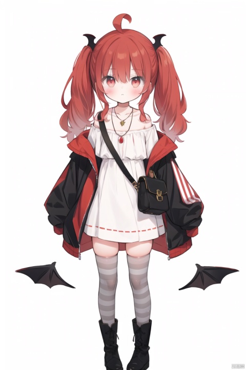 1girl, solo, looking at viewer, bangs, simple background, red eyes, thighhighs, long sleeves, white background, hair between eyes, bare shoulders, twintails, jewelry, standing, jacket, full body, ahoge, grey hair, red hair, multicolored hair, boots, wings, striped, virtual youtuber, necklace, off shoulder, bag, black footwear, collar, sleeves past wrists, blood, striped thighhighs, sleeves past fingers, demon wings, shoulder bag, red collar, red wings, off-shoulder jacket, makaino ririmu,loli, , loli