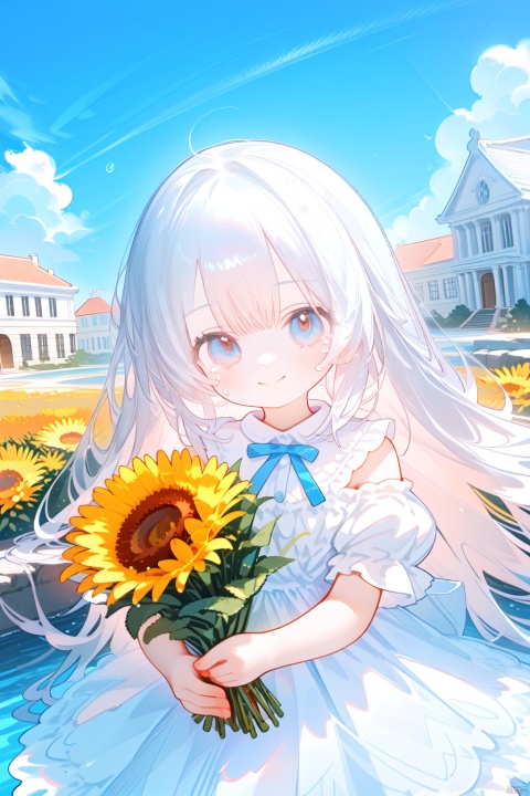 sunlight tone,clear sky,1woman,woman focus,close-up,side face,white cloth,hooded,Dutch angle,looking at viewer,holding bouquet,side face,girl focus,from above,standing,Head Tilt,wind,sad smile,tears,floating tears,sunlight,wind,Building ruins,Reinforcement, crushed stone,brick and tile,Beautiful scenery, cuteloli, loli, ((Eyes slightly open, RAW file format, master-level illustration work, 32k ultra-high-definition wallpaper, best CG. Gorgeous Sense. Dynamic sense. Vivid sense))