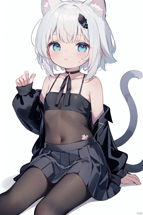  masterpiece,best quality,absurdres,1girl, solo, breasts, looking at viewer, blush, short hair, bangs, blue eyes, skirt, simple background, hair ornament, long sleeves, animal ears, cleavage, bare shoulders, sitting, collarbone, white hair, pantyhose, pleated skirt, parted lips, choker, cat ears, dark skin, black skirt, grey background, off shoulder, sweater, dark-skinned female, grey eyes, black pantyhose, tattoo, black choker, facial mark, feathers, feather hair ornament, whisker markings, off-shoulder sweater, facial mark, loli
