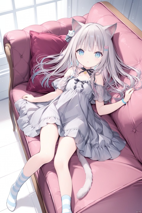 1girl, solo, long hair, looking at viewer, bangs, blue eyes, shirt, hair ornament, dress, animal ears, bare shoulders, tail, short sleeves, grey hair, lying, parted lips, socks, hairclip, striped, cat ears, off shoulder, :o, cat tail, no shoes, cat girl, couch, grey dress, striped socks, tinkle
