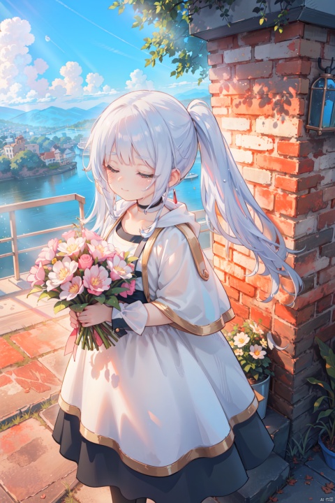 sunlight tone,clear sky,1woman,woman focus,close-up,side face,white cloth,hooded,Dutch angle,looking at viewer,holding bouquet,side face,girl focus,from above,standing,Head Tilt,wind,sad smile,tears,floating tears,sunlight,wind,Building ruins,Reinforcement, crushed stone,brick and tile,Beautiful scenery, cuteloli, loli, ((Eyes slightly open, RAW file format, master-level illustration work, 32k ultra-high-definition wallpaper, best CG. Gorgeous Sense. Dynamic sense. Vivid sense)), fll,twintails, fll