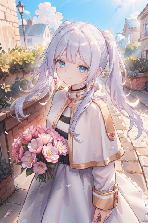 sunlight tone,clear sky,1woman,woman focus,close-up,side face,white cloth,hooded,Dutch angle,looking at viewer,holding bouquet,side face,girl focus,from above,standing,Head Tilt,wind,sad smile,tears,floating tears,sunlight,wind,Building ruins,Reinforcement, crushed stone,brick and tile,Beautiful scenery, cuteloli, loli, ((Eyes slightly open, RAW file format, master-level illustration work, 32k ultra-high-definition wallpaper, best CG. Gorgeous Sense. Dynamic sense. Vivid sense)), fll,twintails, fll