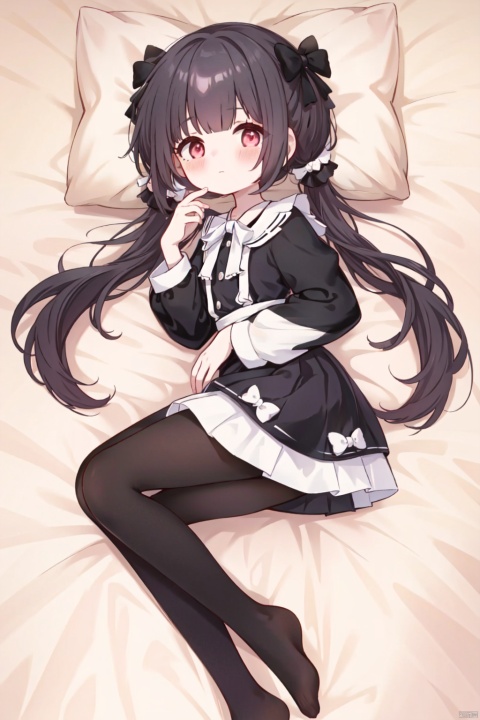  loli,, 1girl, pantyhose, long hair, no shoes, feet, lying, solo, black hair, looking at viewer, on side, ass, black pantyhose, pillow, book, legs, on bed, blush, bangs, red dress, dress, long sleeves, bow, pink eyes, closed mouth, bed, hair bow, twintails, loli, 30710
