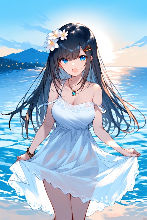 1girl, solo, long hair, looking at viewer, smile, open mouth, blue eyes, large breasts, black hair, hair ornament, hat, dress, ribbon, bare shoulders, jewelry, collarbone, flower, :d, cowboy shot, outdoors, sky, sleeveless, day, hairclip, water, necklace, white dress, bracelet, blue sky, see-through, sleeveless dress, strap slip, sun hat, skirt hold, straw hat, sundress, loli,