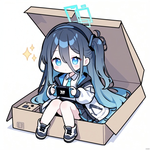 1girl, solo, long hair, blush, bangs, blue eyes, simple background, shirt, black hair, long sleeves, white background, holding, hair between eyes, sitting, very long hair, closed mouth, blue hair, jacket, white shirt, multicolored hair, hairband, open clothes, puffy sleeves, hood, black skirt,  chibi, two-tone hair, open jacket, sparkle, shadow, one side up, halo, blush stickers, white jacket, hood down, black hairband, box, hooded jacket, knees up, puffy long sleeves,  in container, handheld game console, cardboard box, in box, aris \(blue archive\)