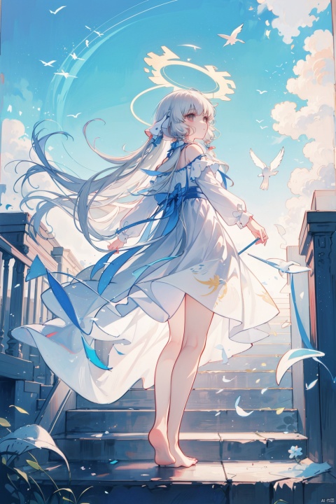 1girl, solo,angel, long hair,  long sleeves, dress, standing, outdoors, sky, barefoot, day, white dress, blue sky, scenery, blue theme,White stairs, wide shot,floating White Thousand Paper Crane,detailed background,Many thousand paper cranes,Standing on the steps and looking up at the sky,Aestheticism Painting,intricate detail,Angel wings, halo,loli,chii