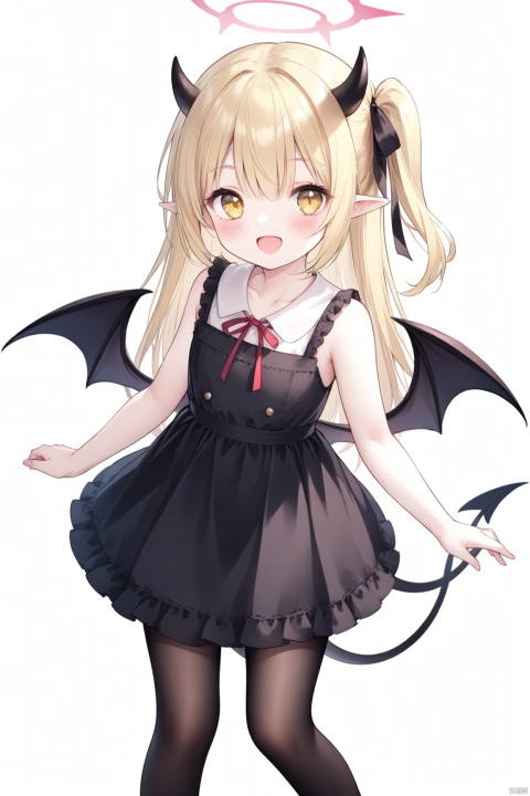 1girl, solo, long hair, looking at viewer, blush, smile, open mouth, bangs, blonde hair, simple background, white background, dress, ribbon, bare shoulders, collarbone, tail, hair ribbon, yellow eyes, :d, pantyhose, wings, horns, sleeveless, pointy ears, black dress, bare arms, black ribbon, leaning forward, sleeveless dress, one side up, halo, demon girl, demon horns, demon wings,ibukiBA