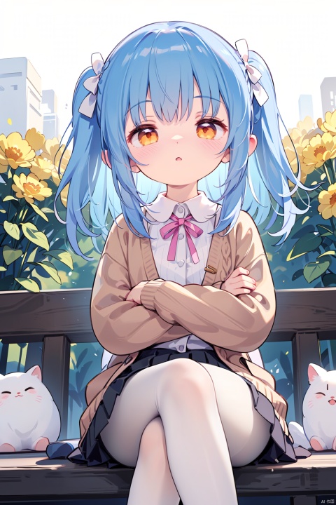  1girl,solo,loli,close-up face,orange eyes,thick eyelashes,tsurime,blush,fine fabric emphasis,white collar,brown cardigan ribbed sweater,blue pleated skirt,huge bow,white pantyhose,Hairpin,filigree,french braid,one side up,crossed arms, crossed legs,expressive hair,outdoor,depth of field,cinematic lighting,golden Theme,face focus, best quality, amazing quality, very aesthetic, absurdres, loli
