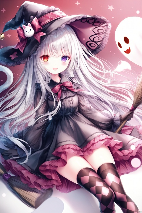  1girl, solo, long hair, looking at viewer, smile, open mouth, bangs,red eyes, thighhighs, gloves, long sleeves, hat, sitting, very long hair, purple eyes, full body, white hair, black dress, black headwear, bell, witch hat, heterochromia, broom, ghost, witch, broom riding,cat tail, plaid, tail ornament, animal ears, cat ears, plaid, argyle legwear, argyle, loli,(masterpiece),(best quality),illustration,ultra detailed,hdr,Depth of field,[iumu],[Sheya],[Artist chen bin], 