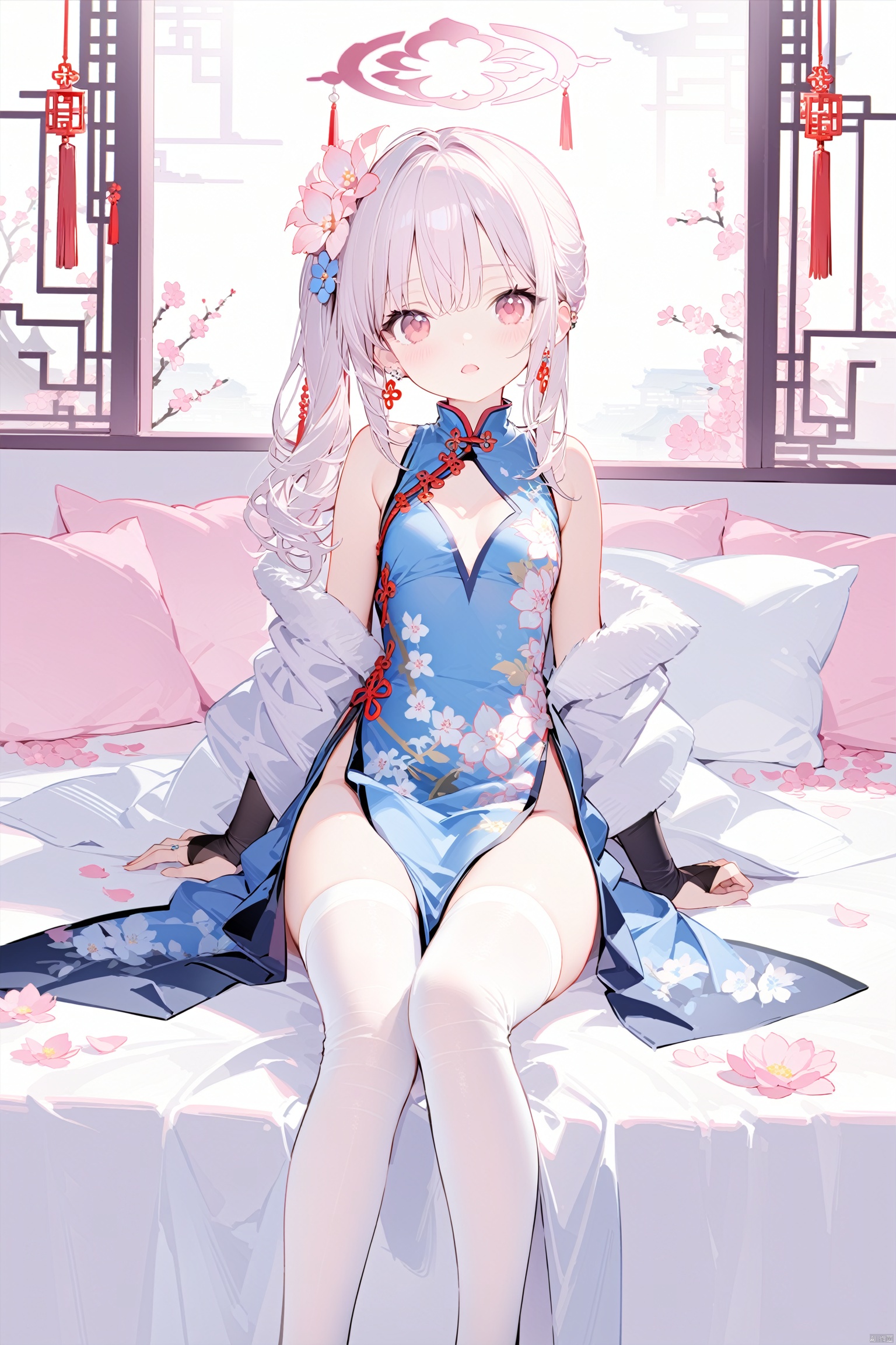 1girl, solo, long hair, breasts, looking at viewer, blush, open mouth, bangs, hair ornament, red eyes, thighhighs, dress, bare shoulders, jewelry, sitting, full body, flower, white hair, earrings, small breasts, parted lips, detached sleeves, sleeveless, indoors, hair flower, pink eyes, side ponytail, white thighhighs, head tilt, pillow, petals, bed, sleeveless dress, blue dress, halo, no shoes, chinese clothes, floral print, china dress, bridal gauntlets, pelvic curtain, pink flower