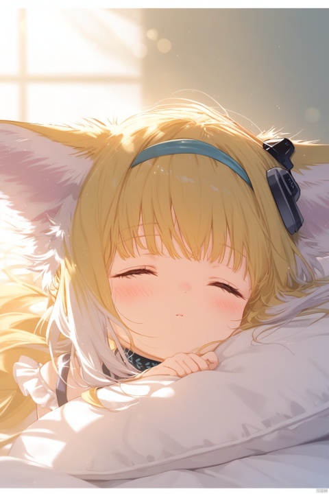  1girl, solo, long hair, blush, bangs, blonde hair, animal ears, closed eyes, lying, animal ear fluff, pillow, fox ears, border, sunlight, sleeping,portrait, facing viewer,suzuran \(arknights\)