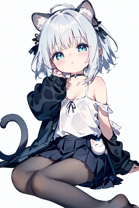 masterpiece,best quality,absurdres,1girl, solo, breasts, looking at viewer, blush, short hair, bangs, blue eyes, skirt, simple background, hair ornament, long sleeves, animal ears, cleavage, bare shoulders,  sitting, collarbone, white hair, pantyhose, pleated skirt, parted lips, choker, cat ears, dark skin, black skirt, grey background, off shoulder, sweater, dark-skinned female, grey eyes, black pantyhose, tattoo, black choker, facial mark, feathers, feather hair ornament, whisker markings,  off-shoulder sweater, facial mark,