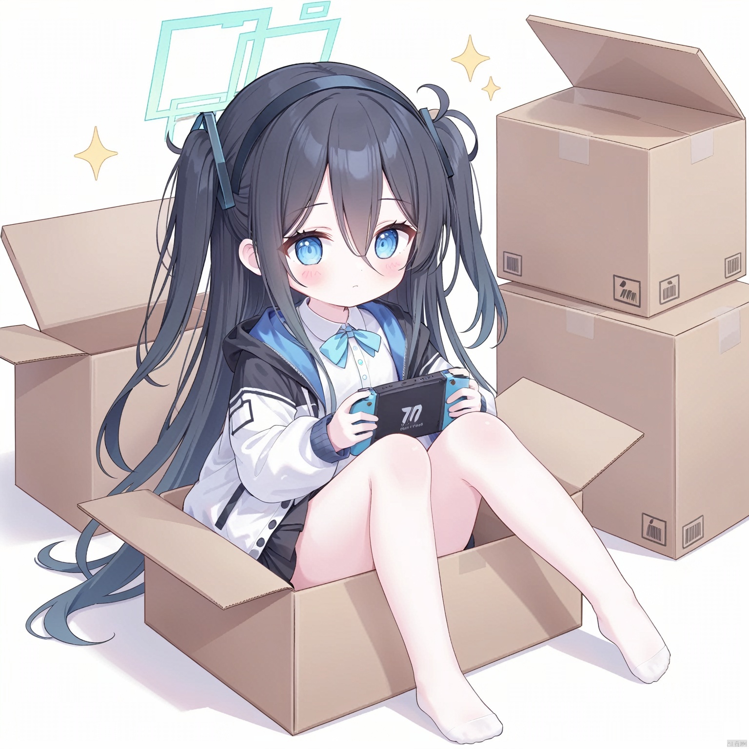  1girl, solo, long hair, blush, bangs, blue eyes, simple background, shirt, black hair, long sleeves, white background, holding, hair between eyes, sitting, very long hair, closed mouth, blue hair,chibi, jacket, white shirt, multicolored hair, hairband, open clothes, puffy sleeves, hood, black skirt, two-tone hair, open jacket, sparkle, shadow, one side up, halo, blush stickers, white jacket, hood down, black hairband, box, hooded jacket, knees up, puffy long sleeves, in container, handheld game console, cardboard box, in box, aris \(blue archive\), loli,no shoes,feet