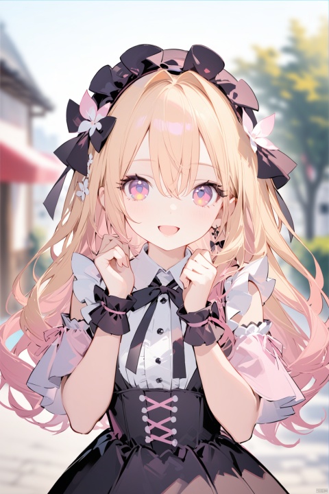 1girl, solo, long hair, looking at viewer, smile, open mouth, bangs, blonde hair, hair ornament, dress, ribbon, hair between eyes, upper body, :d, hairband, outdoors, frills, pink eyes, blurry, wrist cuffs, hands up, blurry background, hair intakes, black hairband, multicolored eyes, gradient eyes