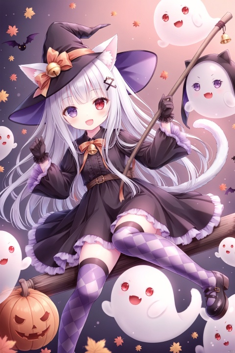 1girl, solo, long hair, looking at viewer, smile, open mouth, bangs,red eyes, thighhighs, gloves, long sleeves, hat, sitting, very long hair, purple eyes, full body, white hair, black dress, black headwear, bell, witch hat, heterochromia,  broom, ghost, witch, broom riding,cat tail, plaid, tail ornament, animal ears, cat ears, plaid, argyle legwear, argyle, loli