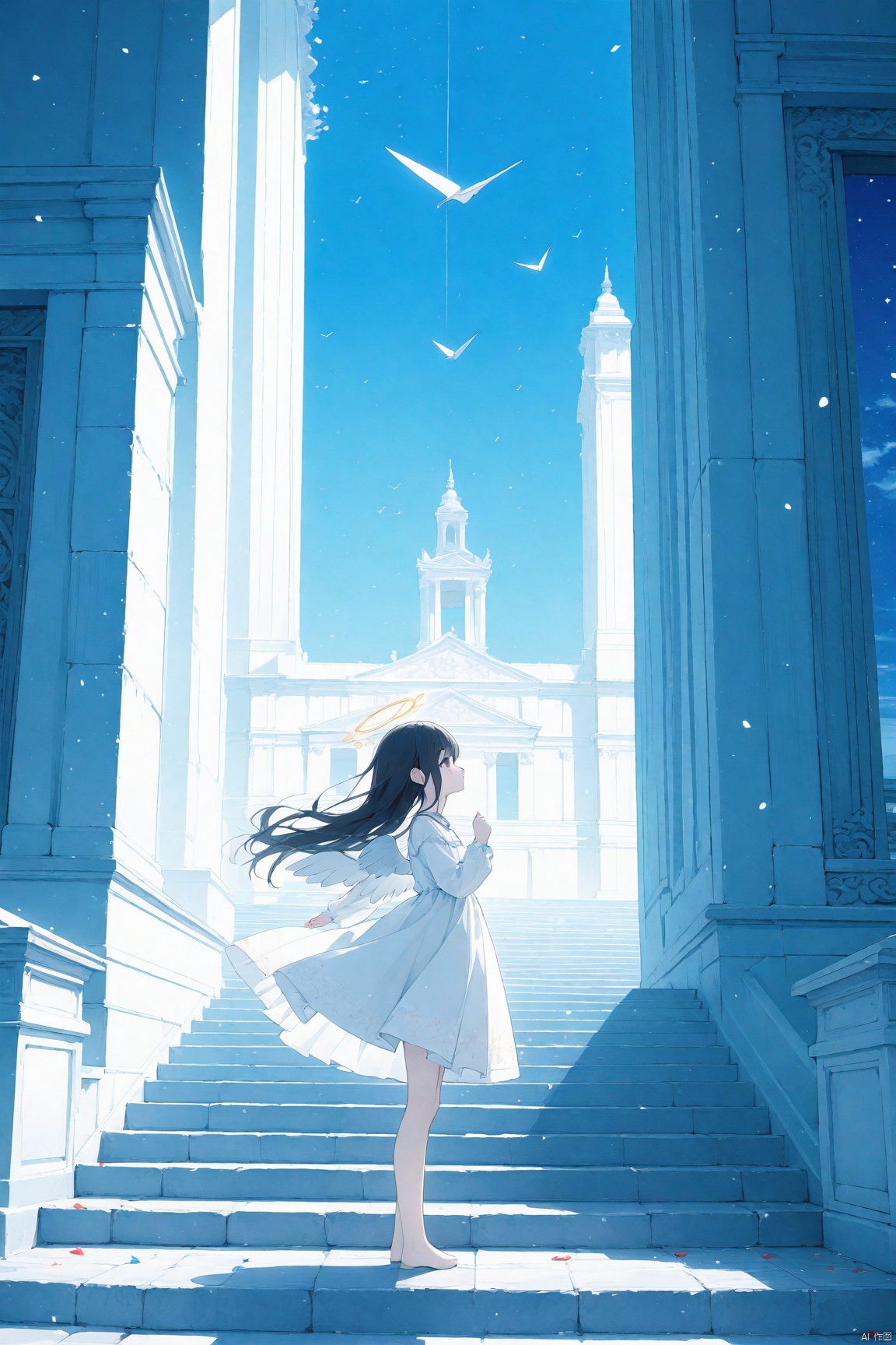 1girl, solo,angel, long hair, black hair, long sleeves, dress, standing, outdoors, sky, barefoot, day, white dress, blue sky, scenery, blue theme,White  stairs, wide shot,floating White Thousand Paper Crane,detailed background,Many thousand paper cranes,Standing on the steps and looking up at the sky,Aestheticism Painting,intricate detail,Angel wings, halo,loli