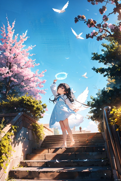 1girl, solo,angel, long hair, long sleeves, dress, standing, outdoors, sky, barefoot, day, white dress, blue sky, scenery, blue theme,White stairs, wide shot,floating White Thousand Paper Crane,detailed background,Many thousand paper cranes,Standing on the steps and looking up at the sky,Aestheticism Painting,intricate detail,Angel wings, halo,loli,ray tracing