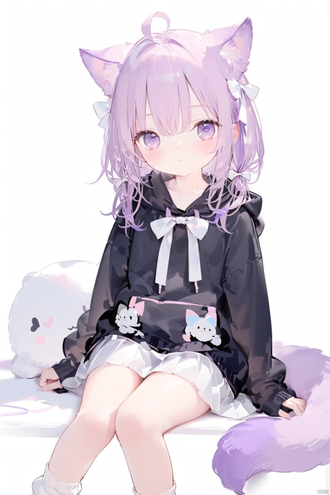 1girl, solo, looking at viewer, blush, bangs, skirt, simple background, long sleeves, white background, bow, animal ears, hair between eyes, sitting, closed mouth, purple eyes, tail, purple hair, ahoge, hair bow, pleated skirt, socks, hood, hoodie, feet out of frame, white skirt, hood down, white bow, white socks, black hoodie, loose socks,loli,loli