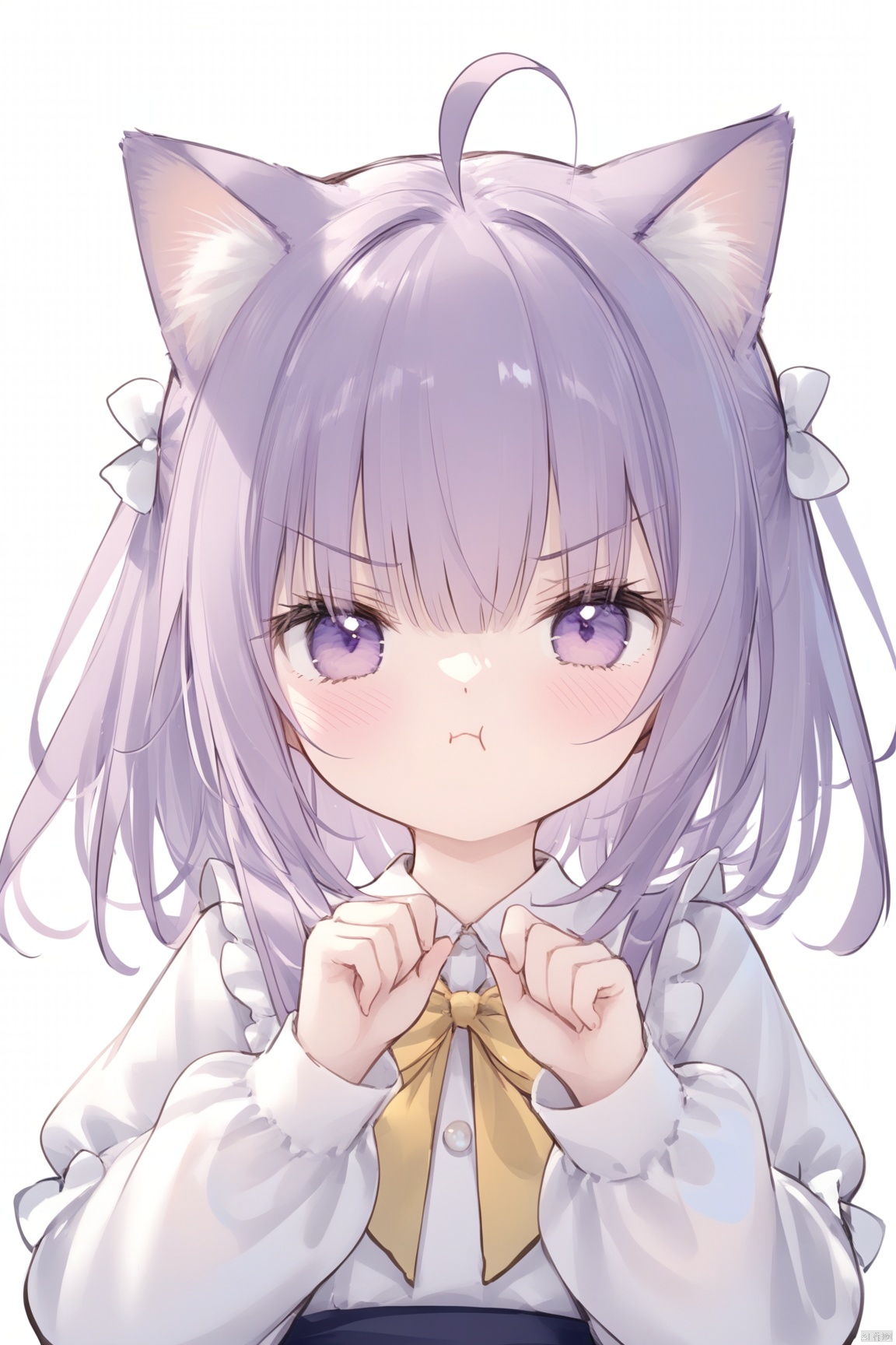 1girl, solo, looking at viewer, blush, bangs, simple background, shirt, long sleeves, white background, bow, animal ears, hair between eyes, closed mouth, purple eyes, upper body, purple hair, ahoge, hair bow, puffy sleeves, cat ears, sketch, v-shaped eyebrows, hands up, white bow, yellow bow, puffy long sleeves, :t, pout, claw pose, =3, :i,loli,