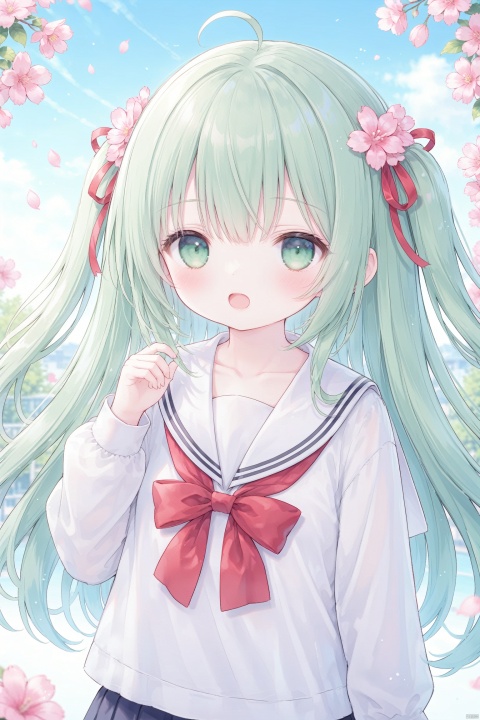 1girl, solo, long hair, looking at viewer, blush, open mouth, bangs, shirt, hair ornament, long sleeves, bow, ribbon, school uniform, green eyes, collarbone, white shirt, upper body, flower, ahoge, outdoors, green hair, sky, day, hair flower, sailor collar, blurry, red bow, two side up, blurry background, pink flower, white sailor collar,baby face,loli,child,round face,, loli