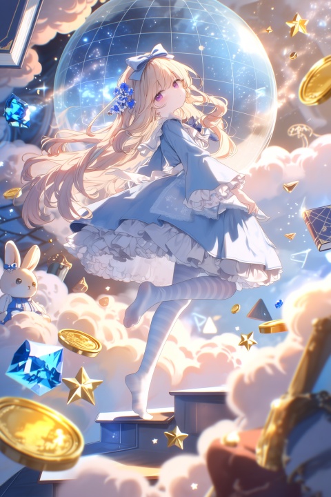 masterpiece, best quality, score_7, very aesthetic
//,
1girl, solo, long hair, looking at viewer, blonde hair, hair ornament, dress, bow, very long hair, purple eyes, hair bow, pantyhose, frills,no shoes, striped, star \(symbol\), book, blue dress, stuffed toy, stuffed animal, lolita fashion, rabbit, stairs, stuffed bunny, alice \(alice in wonderland\),she appears to be floating or dancing amidst a swirl of stars and floating objects. The background features a large, transparent globe with a grid pattern, surrounded by a variety of floating elements, including golden coins, blue gemstones, and other abstract shapes. feet, striped, hair flower, wide sleeves, blue bow, frilled dress, lolita fashion, petticoat, The character is floating amidst a backdrop of swirling clouds, stars, and geometric shapes, creating a sense of motion and whimsy. The overall atmosphere is magical and ethereal, with a focus on the character's dynamic pose and the surrounding celestial elements. @ao3,@kedama milk,