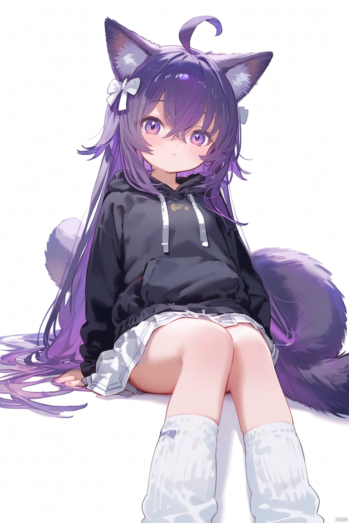 1girl, solo, looking at viewer, blush, bangs, skirt, simple background, long sleeves, white background, bow, animal ears, hair between eyes, sitting, closed mouth, purple eyes, tail, purple hair, ahoge, hair bow, pleated skirt, socks, hood, hoodie, feet out of frame, white skirt, hood down, white bow, white socks, black hoodie, loose socks,loli