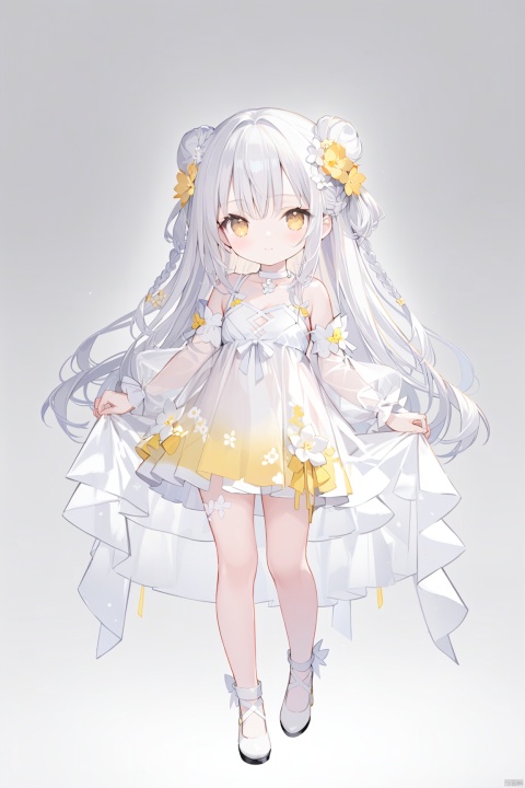 1girl, solo, long hair, looking at viewer, bangs, hair ornament, hollow out dress,  bare shoulders, very long hair, closed mouth, standing, full body, yellow eyes, braid, flower, white hair,no shoes,  choker, hair flower, grey background, white dress, see-through, gradient, gradient background,  white footwear, yellow flower, skirt hold, white choker,double_bun,
 long sleeves,   see-through skirt,see-through sleeves,cropped shoulders,revealing clothes,Light gauze wide sleeve skirt,detached sleeves,loli, cuteloliface,loli,dynamic pose,