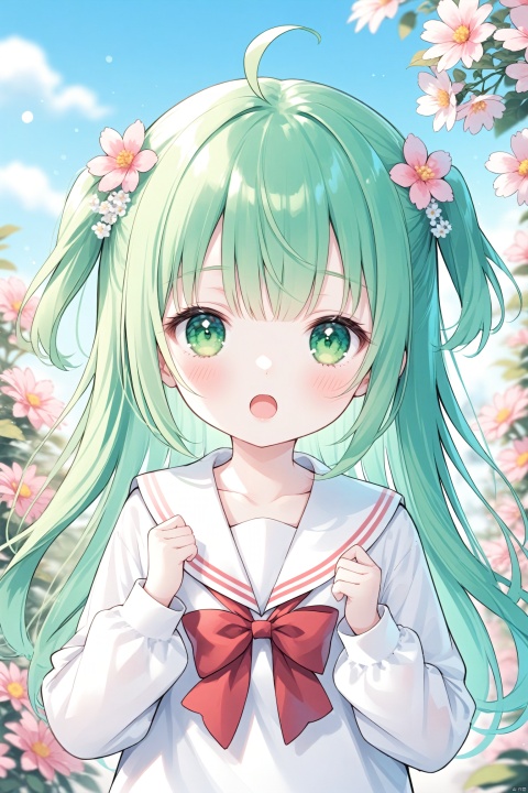 1girl, solo, long hair, looking at viewer, blush, open mouth, bangs, shirt, hair ornament, long sleeves, bow, ribbon, school uniform, green eyes, collarbone, white shirt, upper body, flower, ahoge, outdoors, green hair, sky, day, hair flower, sailor collar, blurry, red bow, two side up, blurry background, pink flower, white sailor collar,baby face,loli,child,round face,chibi