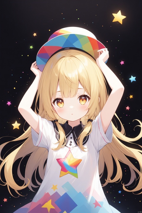 solo,abstract,blonde hair,colorful,1girl,upper body,arms_up,hat,looking at viewer,short_sleeves,star (symbol),long hair,shirt,bangs,black_background, loli