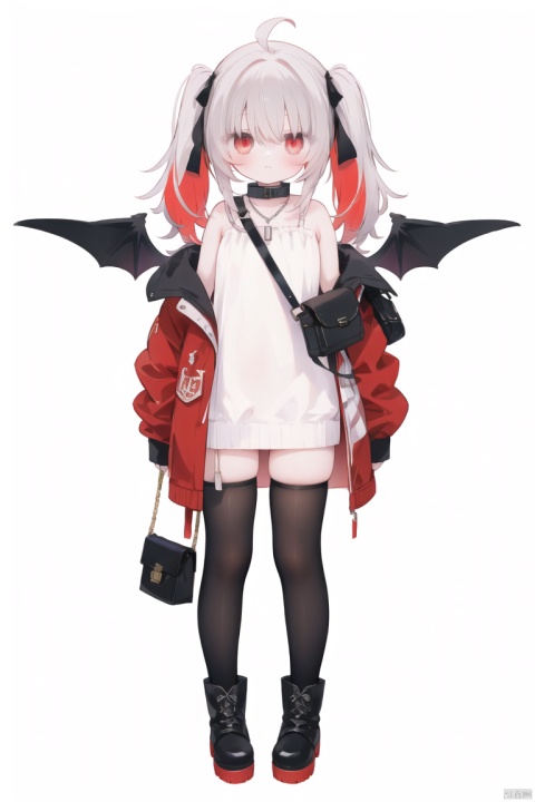 1girl, solo, looking at viewer, bangs, simple background, red eyes, thighhighs, long sleeves, white background, hair between eyes, bare shoulders, twintails, jewelry, standing, jacket, full body, ahoge, grey hair, red hair, multicolored hair, boots, wings, striped, virtual youtuber, necklace, off shoulder, bag, black footwear, collar, sleeves past wrists, blood, striped thighhighs, sleeves past fingers, demon wings, shoulder bag, red collar, red wings, off-shoulder jacket, makaino ririmu,loli, 