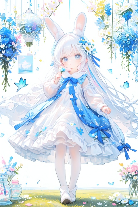  ((best quality)),((masterpiece)),((ultra-detailed)),(illustration),(detailed light),(an extremely delicate and beautiful), 1girl, solo, long hair, looking at viewer, blush, bangs, hair ornament, long sleeves, hat, dress, bow, holding, animal ears, hair between eyes, very long hair, standing, full body, flower, white hair, pantyhose, boots, frills, hair flower, bag, white dress, rabbit ears, grey eyes, fur trim, blue dress, animal, white flower, blue headwear, puffy long sleeves, white pantyhose, rabbit, stuffed bunny, holding bag, fur-trimmed boots, round face,(petite child:1.2),nai3, (pure white dress, pure white silk cloth:1.5),(ground of flowers, thousand of flowers, colorful flowers, flowers around her, various flowers:1.51),young,stunning,attractive,see-through, ,kafuu_chino, , fairy tale girl, cuteloli