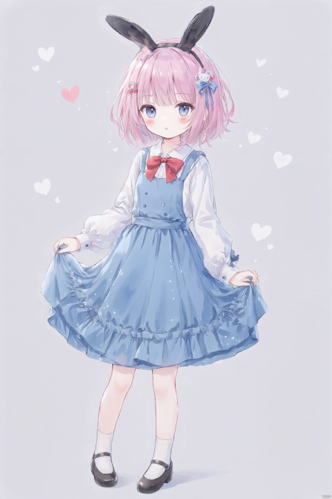  [iumu],[Sheya],[Artist chen bin],1girl, solo, looking at viewer, blush, short hair, bangs, blue eyes, skirt, simple background, shirt, hair ornament, long sleeves, dress, bow, animal ears, standing, full body, white shirt, pink hair, heart, shoes, socks, puffy sleeves, bowtie, grey background, black footwear, rabbit ears, red bow, blue dress, standing on one leg, white socks, mary janes, puffy long sleeves, skirt hold, heart hair ornament, pinafore dress,loli,, Stickers, chColor