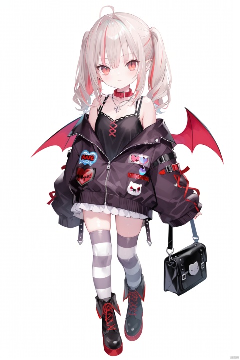 1girl, solo, looking at viewer, bangs, simple background, red eyes, thighhighs, long sleeves, white background, hair between eyes, bare shoulders, twintails, jewelry, standing, jacket, full body, ahoge, grey hair, red hair, multicolored hair, boots, wings, striped, virtual youtuber, necklace, off shoulder, bag, black footwear, collar, sleeves past wrists, blood, striped thighhighs, sleeves past fingers, demon wings, shoulder bag, red collar, red wings, off-shoulder jacket, makaino ririmu,loli
