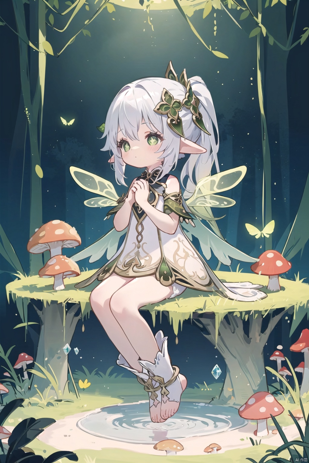  (A cute and beautiful goblin girl is sitting on a mushroom in a humid forest, swaying her feet. Macro photography masterpiece: 1.3), BREAK (A cute and beautiful goblin girl is sitting on a crystal clear mushroom in a humid forest. Real and detailed , Comparison of the real proportions of mushrooms and cute and beautiful goblin girls, real and detailed), BRACK (The cute and beautiful goblin girl with a good figure and a pair of crystal clear wings on her back is real and detailed),Transparent crystal wings, huge butterfly wings, 30710, nahida (genshin impact), loli, ray tracing, nahida,chibi,