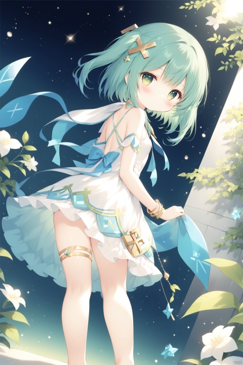 shiratamaco,1girl, solo, long hair, breasts, looking at viewer, bangs, hair ornament, dress, bare shoulders, jewelry, closed mouth, green eyes, blue hair, small breasts, looking back, from behind, white dress, bracelet, aqua hair, thighlet, Faruzan (genshin),loli,Sole of feet, barefoot,