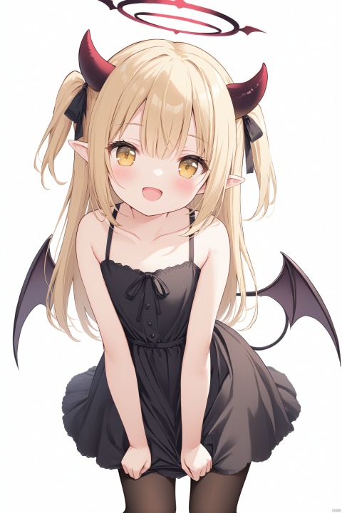  grossissementdedeuxcentsoixantepourcent_portrait, [Artist: Sho_(sho_LWLW)],1girl, solo, long hair, looking at viewer, blush, smile, open mouth, bangs, blonde hair, simple background, white background, dress, ribbon, bare shoulders, collarbone, tail, hair ribbon, yellow eyes, :d, pantyhose, wings, horns, sleeveless, pointy ears, black dress, bare arms, black ribbon, leaning forward, sleeveless dress, one side up, halo, demon girl, demon horns, demon wings, loli,