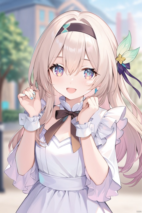 1girl, solo, long hair, looking at viewer, smile, open mouth, bangs, blonde hair, hair ornament, dress, ribbon, hair between eyes, upper body, :d, hairband, outdoors, frills, pink eyes, blurry, wrist cuffs, hands up, blurry background, hair intakes, black hairband, multicolored eyes, gradient eyes,firefly \(honkai: star rail\)