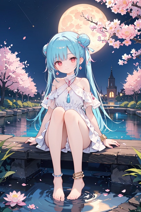 1girl, solo, long hair, looking at viewer, smile, bangs, red eyes, dress, bare shoulders, jewelry, sitting, very long hair, closed mouth, blue hair, full body, flower, earrings, outdoors, sky, barefoot, water, off shoulder, hair bun, white dress, bracelet, feet, tree, petals, bare legs, double bun, toes, night, bird, moon, cherry blossoms, night sky, full moon, pink flower, anklet, branch, absurdly long hair, soaking feet, lotus