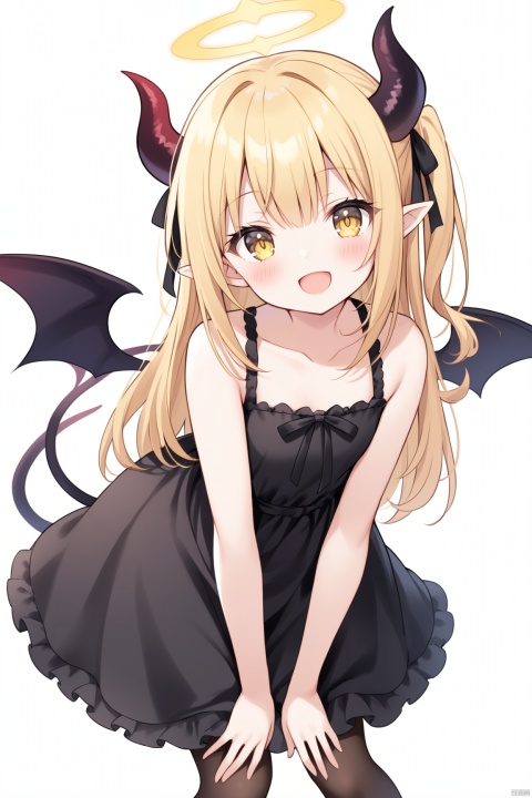  1girl, solo, long hair, looking at viewer, blush, smile, open mouth, bangs, blonde hair, simple background, white background, dress, ribbon, bare shoulders, collarbone, tail, hair ribbon, yellow eyes, :d, pantyhose, wings, horns, sleeveless, pointy ears, black dress, bare arms, black ribbon, leaning forward, sleeveless dress, one side up, halo, demon girl, demon horns, demon wings, loli,ibukiBA