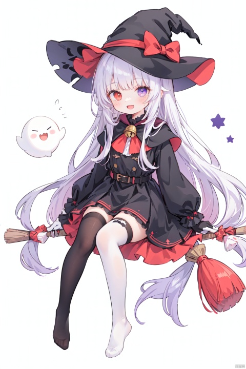1girl, solo, long hair, looking at viewer, smile, open mouth, bangs,red eyes, thighhighs, gloves, long sleeves, hat, sitting, very long hair, purple eyes, full body, white hair, black dress, black headwear, bell, witch hat, heterochromia,  broom, ghost, witch, broom riding