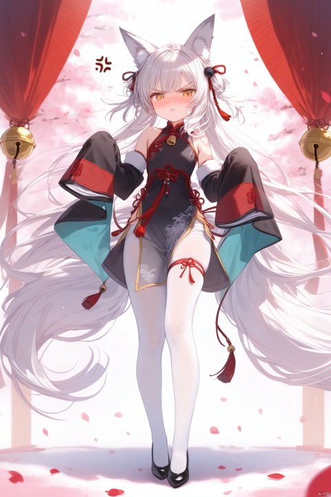 masterpiece,best quality,high quality, 1girl, solo, long hair,looking at viewer, blush, bangs, hair ornament, long sleeves, dress, animal ears, very long hair, closed mouth, standing, full body, yellow eyes,  white hair, pantyhose,  wide sleeves, bell, anger vein, jingle bell, angry, white pantyhose, hair bell, black dress, animal ear fluff, fox ears,  :t, pout, hair bell,very long hair, standing,  sleeves past wrists, petals, tassel, chinese clothes, short dress, china dress, thigh strap, braid, ribbon, bare shoulders, detached sleeves, red ribbon, pelvic curtain,loli